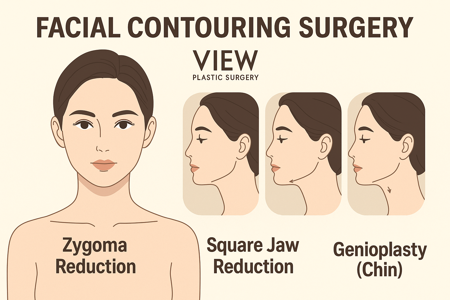 Educational infographic showing facial contouring procedures—Zygoma Reduction, Square Jaw Reduction, and Genioplasty (Chin)—at VIEW Plastic Surgery Korea.