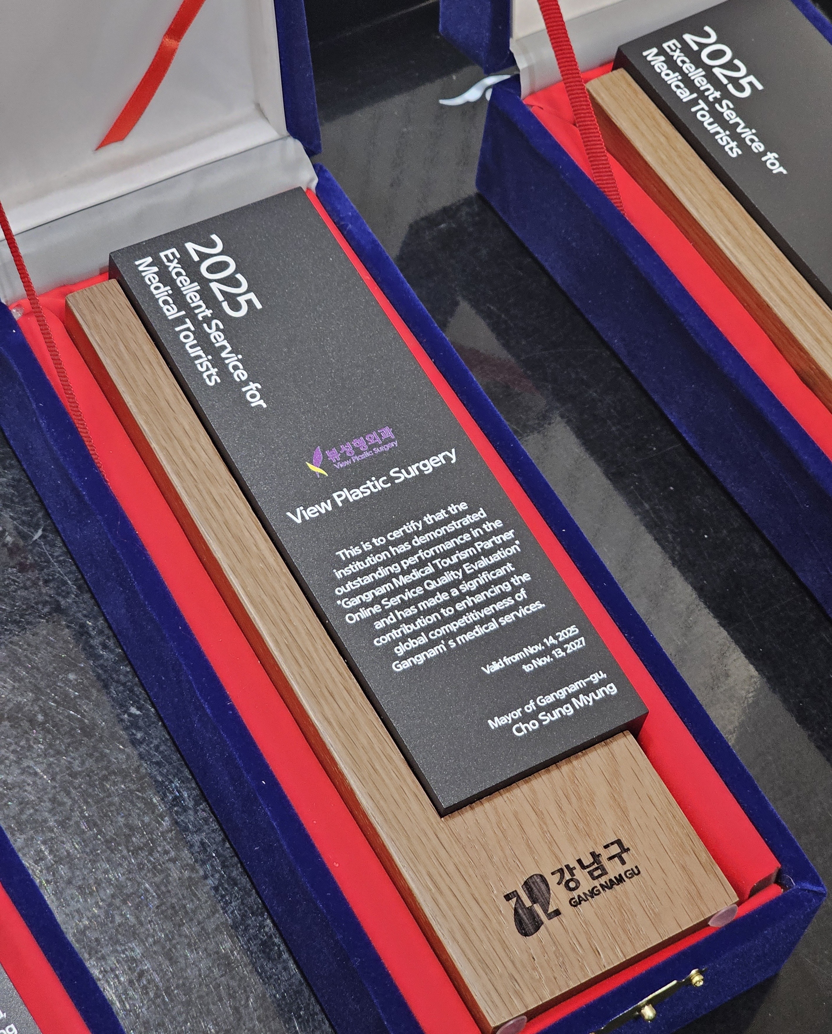Award plaque recognizing View Plastic Surgery for excellent service for medical tourists in Gangnam District in 2025