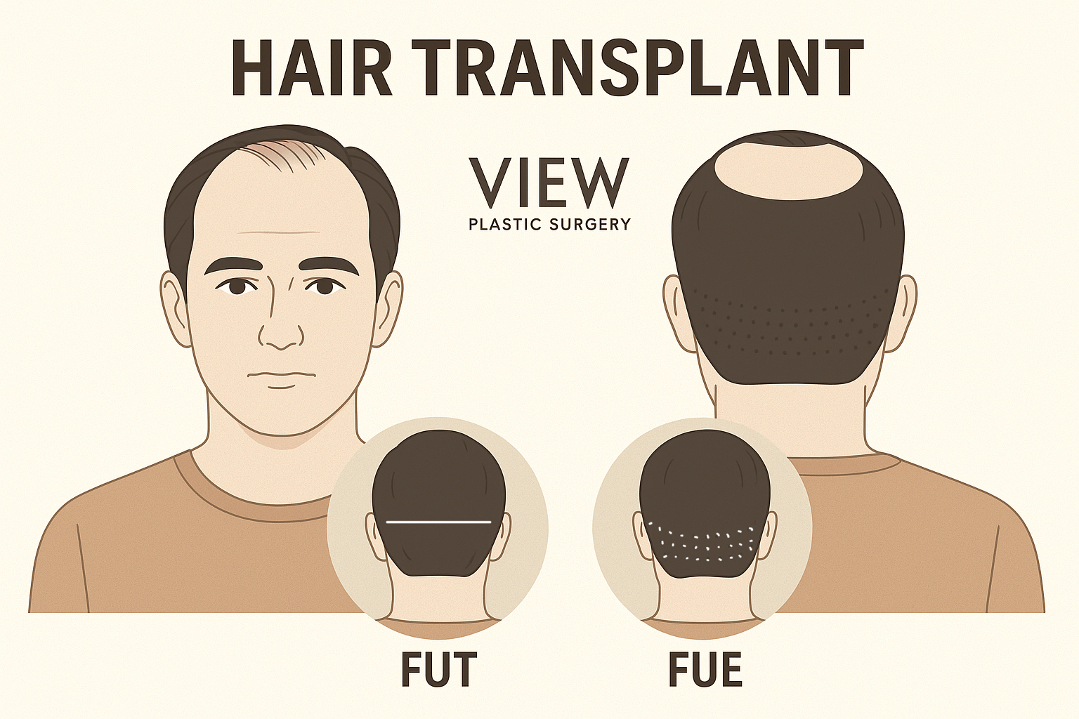Medical infographic comparing FUT and FUE hair transplant techniques, showing incision for FUT and dotted extraction pattern for FUE, created by VIEW Plastic Surgery Korea.