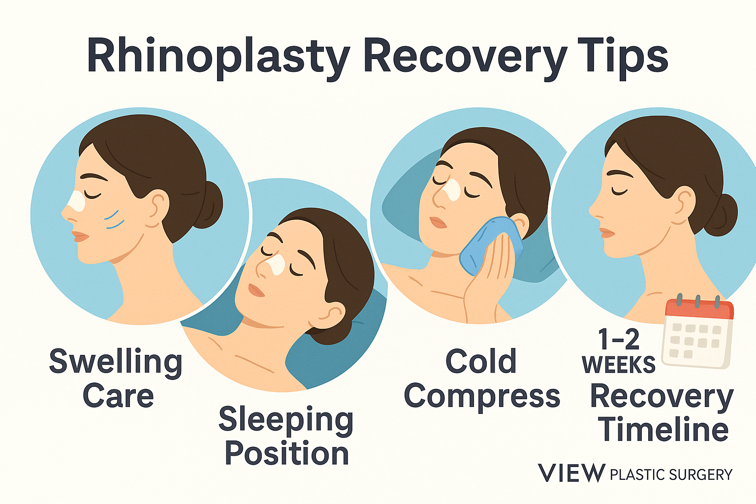 Educational infographic showing rhinoplasty recovery tips at VIEW Plastic Surgery Korea, including guidance on swelling care, sleeping position, cold compress use, and recovery timeline for safe and effective nose surgery healing.