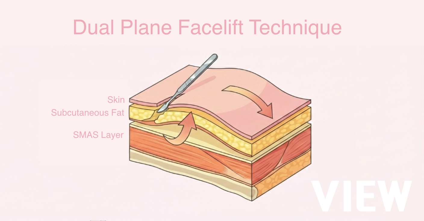 Anatomical diagram of the dual plane facelift technique showing skin, subcutaneous fat, and SMAS layer elevation to improve facial contour.