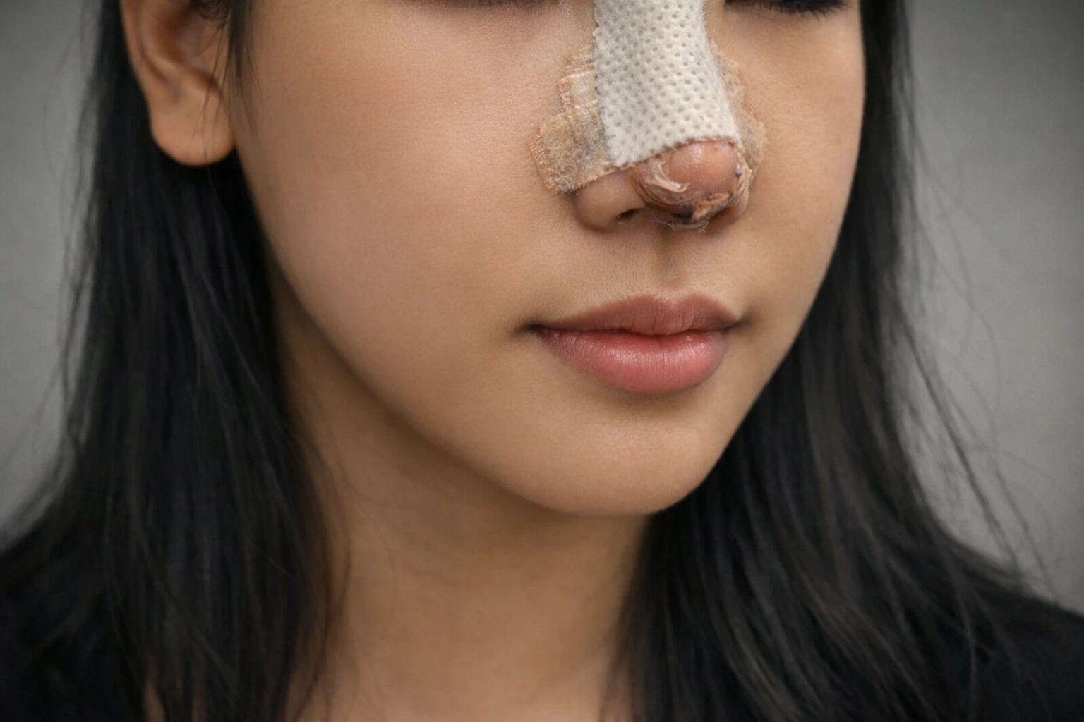 Close-up of a woman with nasal splint and surgical tape after rhinoplasty, illustrating Rhinoplasty Recovery Korea and post-operative aftercare at View Plastic Surgery