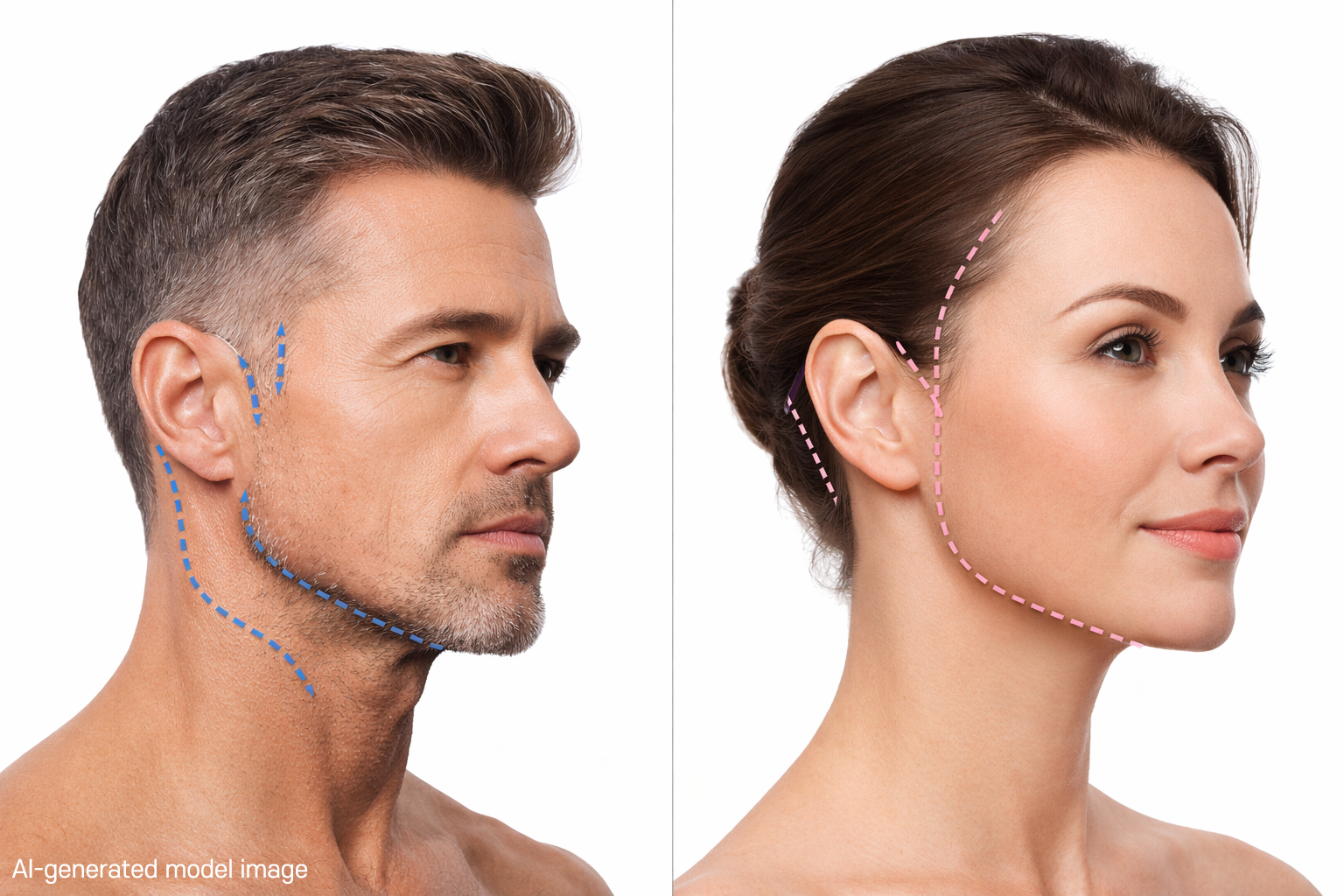 AI-generated comparison image illustrating male and female facial lifting design lines, demonstrating typical incision pathways and contour repositioning concepts used in anti-aging procedures.