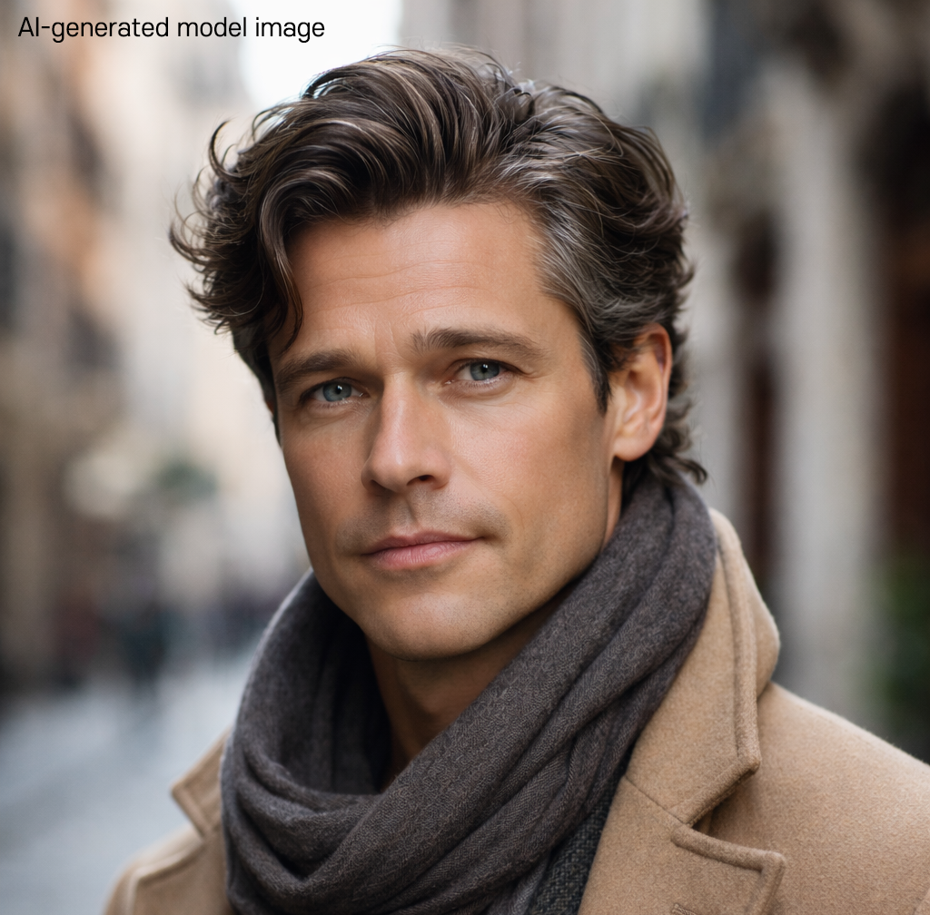 AI-generated male model portrait illustrating natural facial balance, refined features, and a mature, sophisticated appearance.