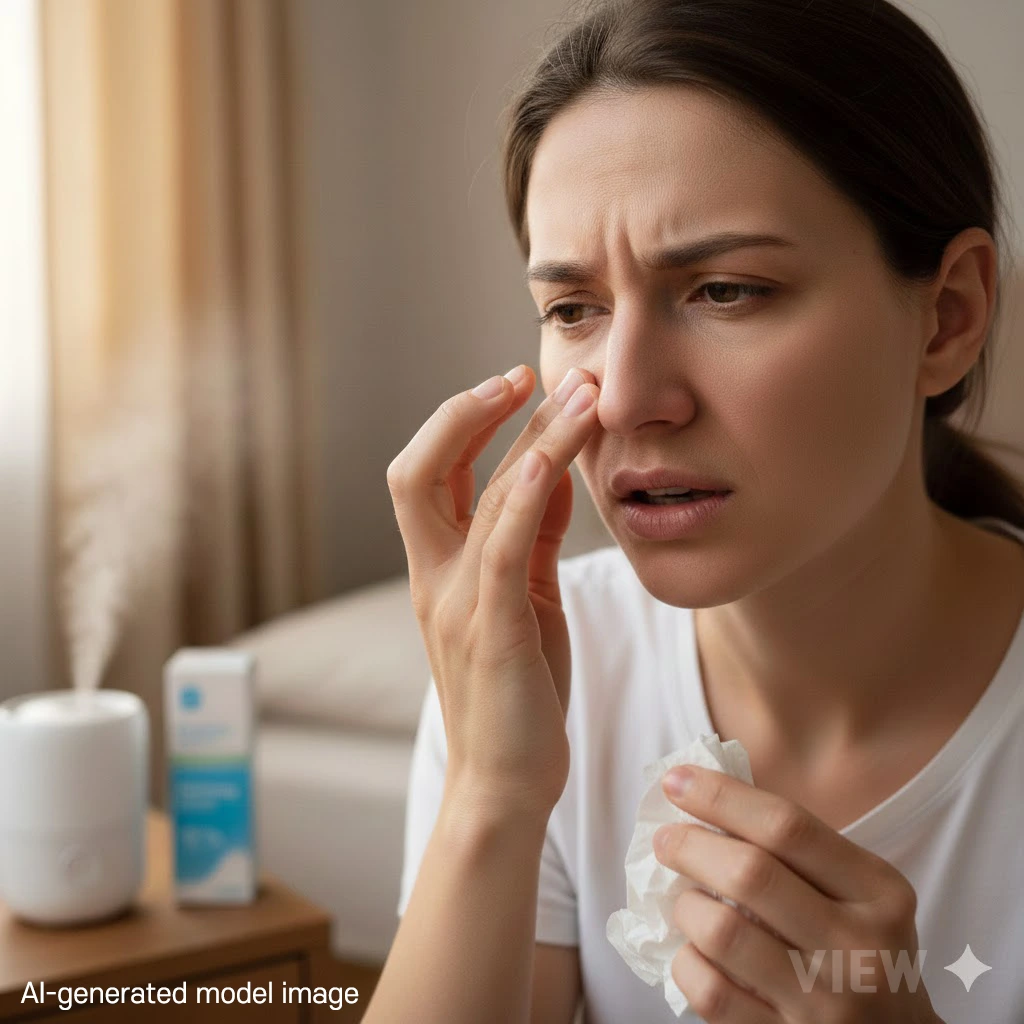 AI-generated model image illustrating nasal discomfort, such as irritation or congestion, commonly associated with nasal symptoms.