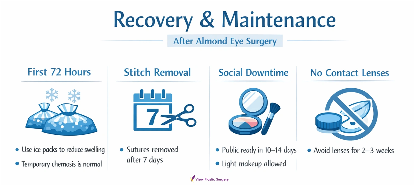 Infographic explaining recovery and maintenance after almond eye surgery, including swelling care, stitch removal timeline, social downtime, and contact lens restrictions