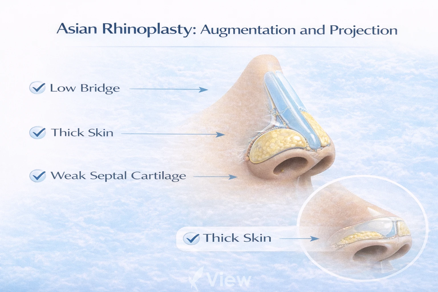 Medical illustration explaining Asian rhinoplasty techniques for nasal augmentation and tip projection, showing thick skin and weak septal cartilage