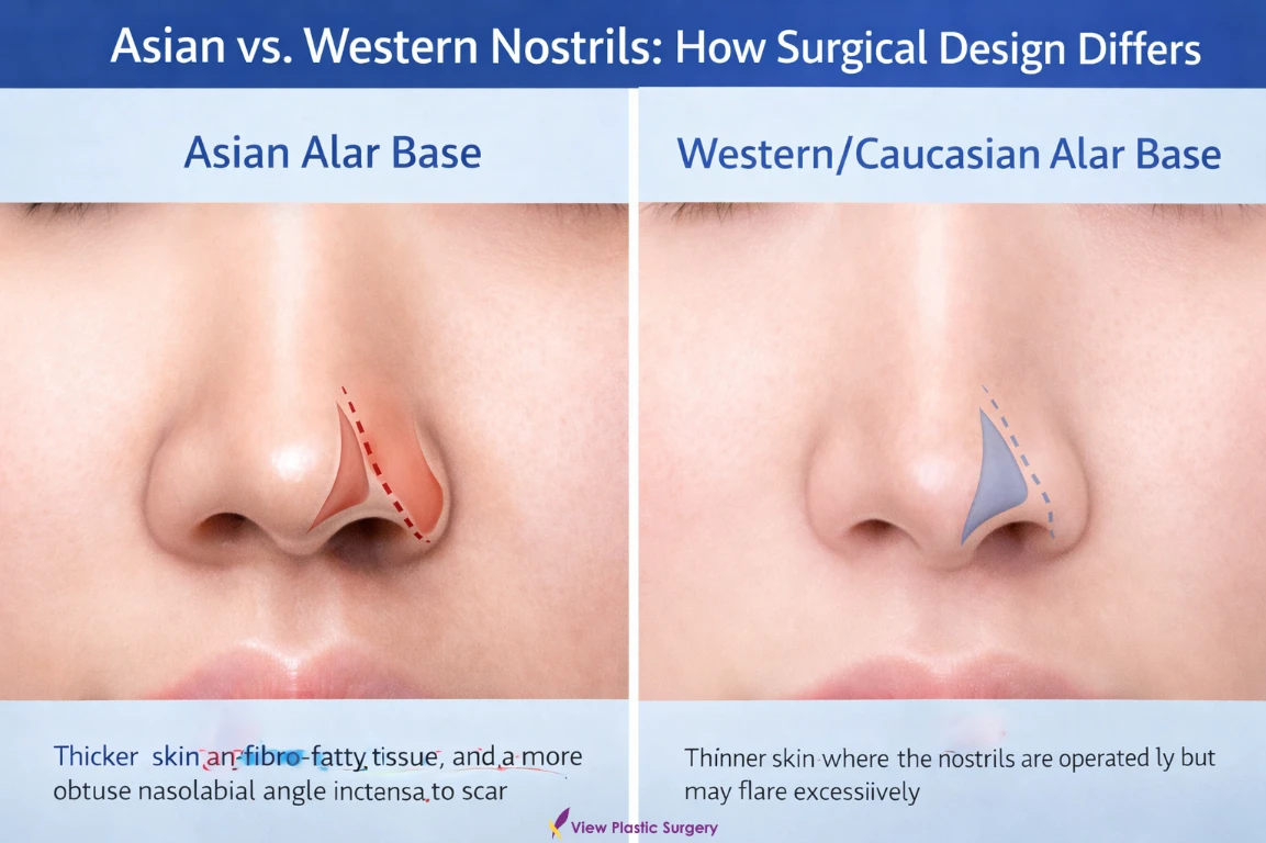 Comparison of Asian and Western nostril alar base anatomy illustrating differences in skin thickness and surgical design approach for alar base reduction