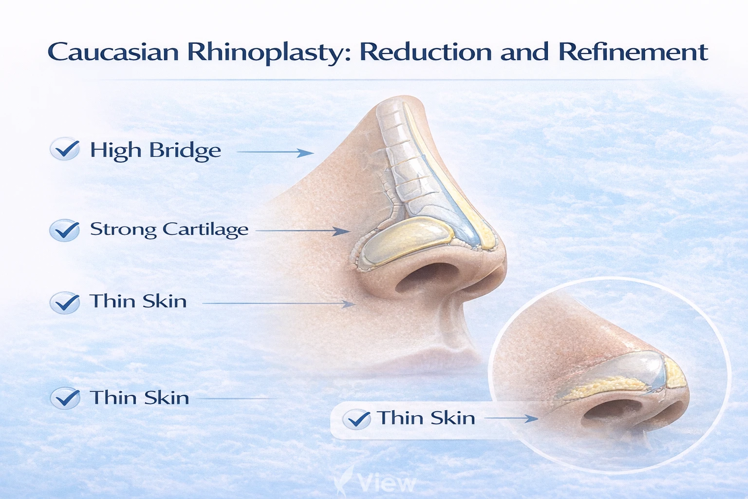 Medical diagram of Caucasian rhinoplasty illustrating nasal structure with high bridge, strong cartilage, and thin skin, commonly considered in reduction and refinement surgery.