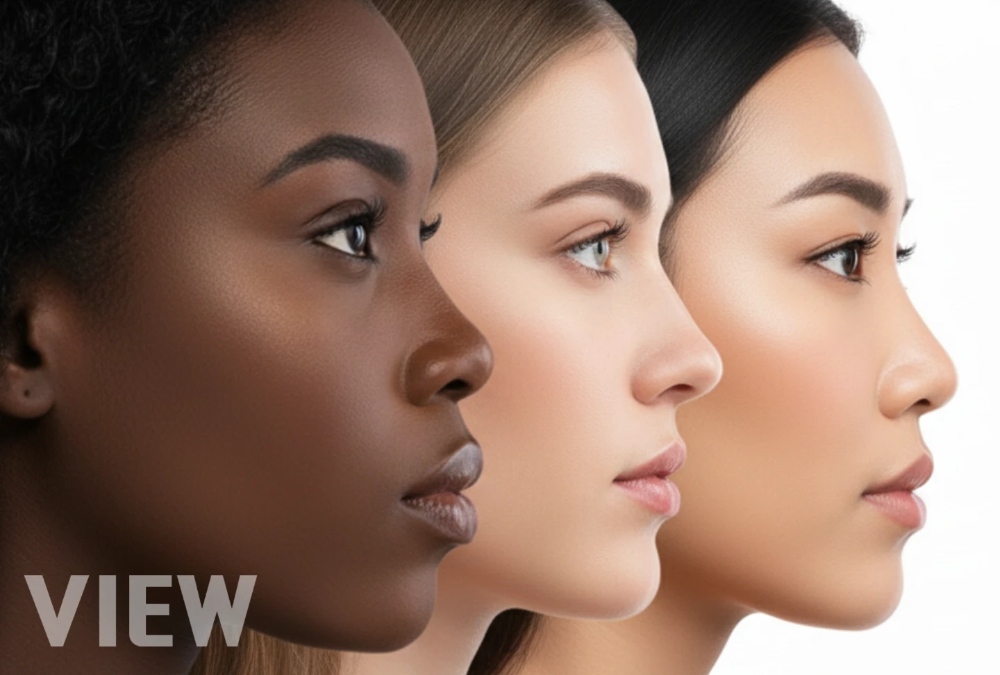 Side-by-side anatomical comparison of nasal structures across different ethnicities including Caucasian, Asian, and African profiles for ethnic rhinoplasty surgical planning. The image illustrates the unique nasal bridge heights, tip projections, and alar widths characteristic of each ethnic group to highlight specialized surgical strategies