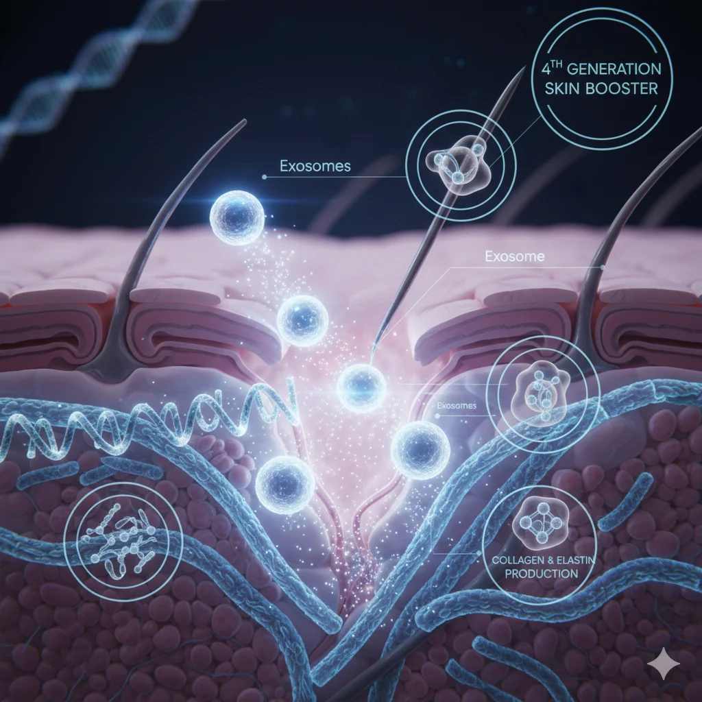 Medical illustration of Exosomes skin booster in Korea showing micro vesicles penetrating skin layers and stimulating collagen and elastin production