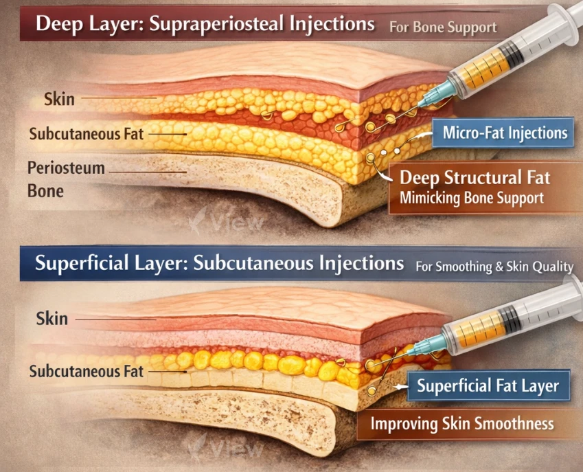Medical diagram illustrating facial fat grafting injection depth, comparing deep supraperiosteal injections for structural bone support with superficial subcutaneous injections for skin smoothing and quality.