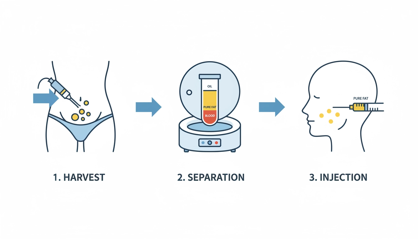 Illustration showing the fat grafting process, including fat harvesting, purification, and reinjection steps used in facial and body contouring procedures