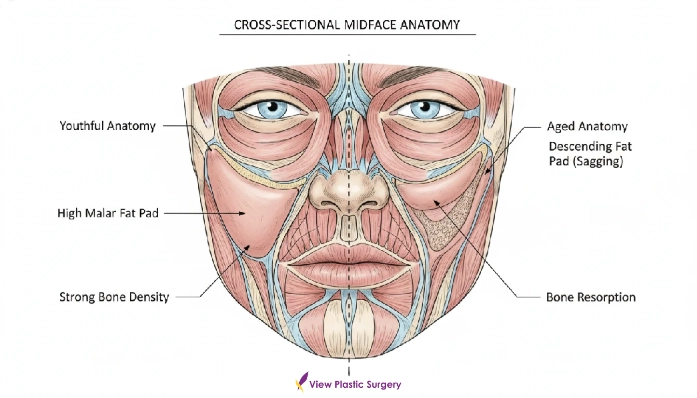 Cross-sectional diagram of midface anatomy showing structural aging changes related to a peanut shaped face, including fat pad descent and bone resorption