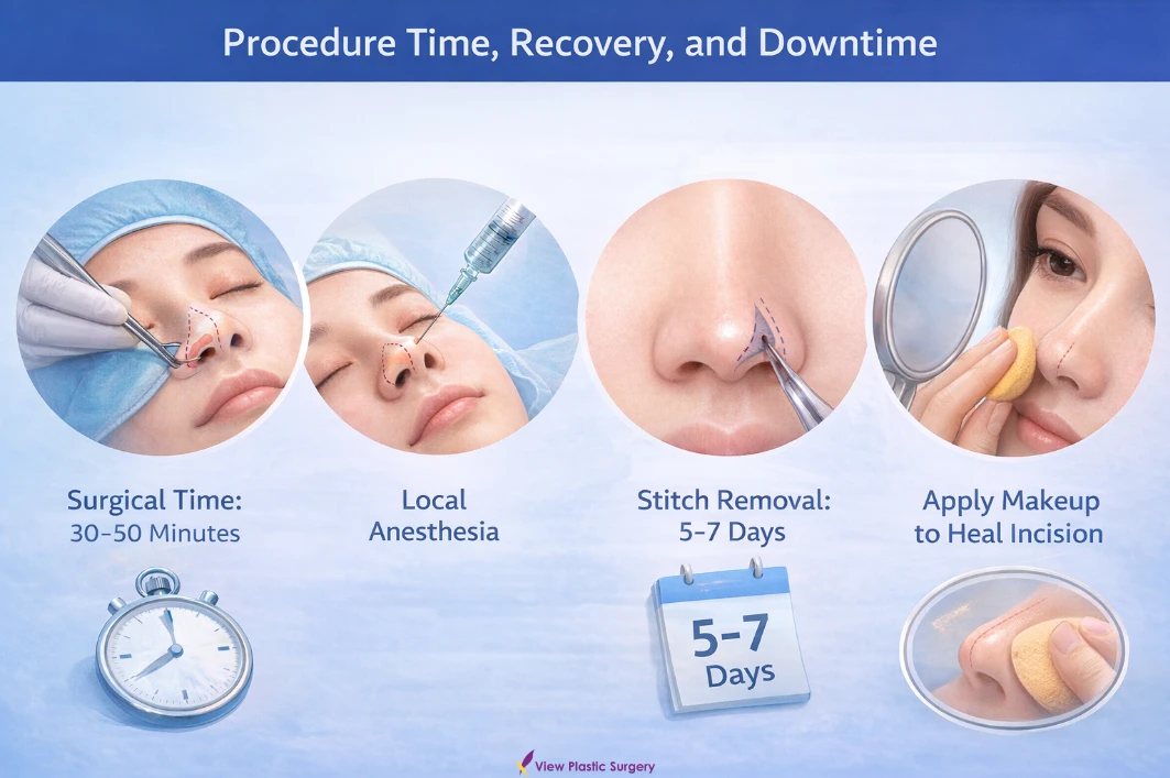 Infographic explaining nose alar reduction procedure time, local anesthesia, stitch removal timeline, and recovery downtime