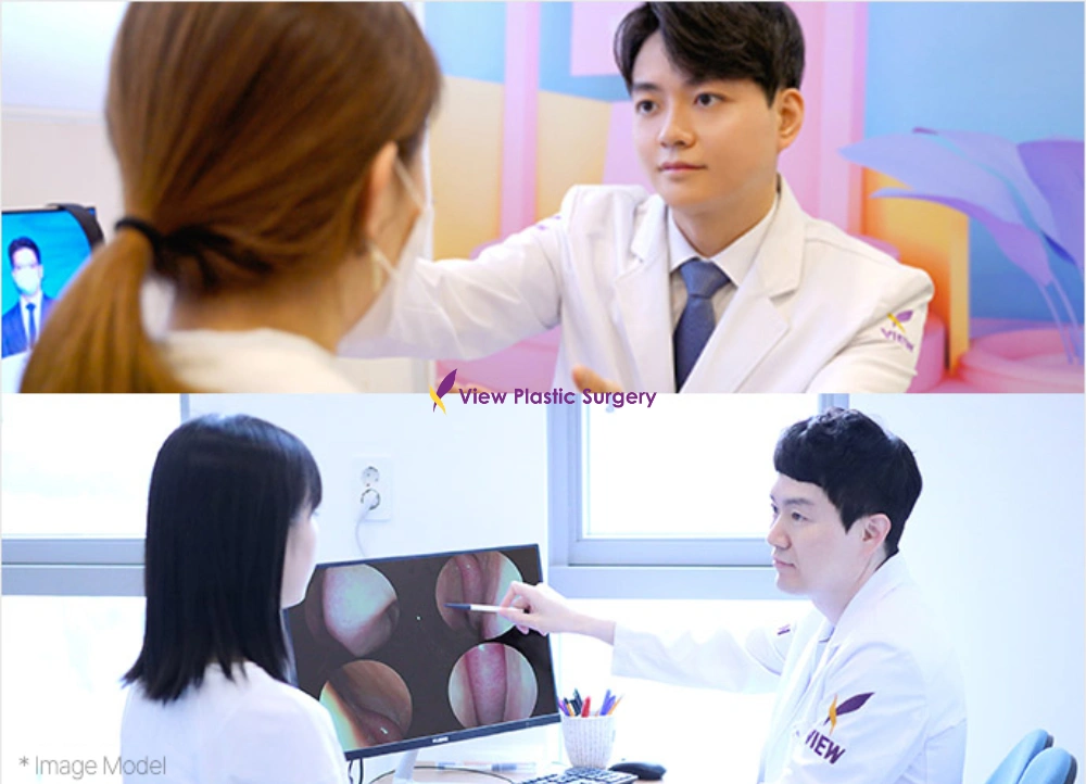 Plastic surgery consultation scene where a doctor explains medical findings and treatment options to a patient during a one-on-one clinical assessment.