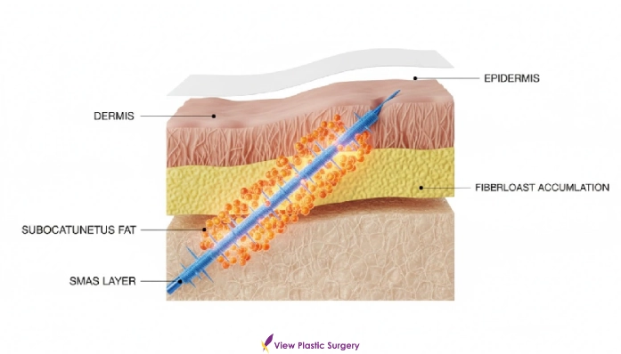 Cross-sectional skin diagram illustrating epidermis, dermis, subcutaneous fat, and SMAS layer with fibroblast activation induced by a minimally invasive aesthetic treatment.