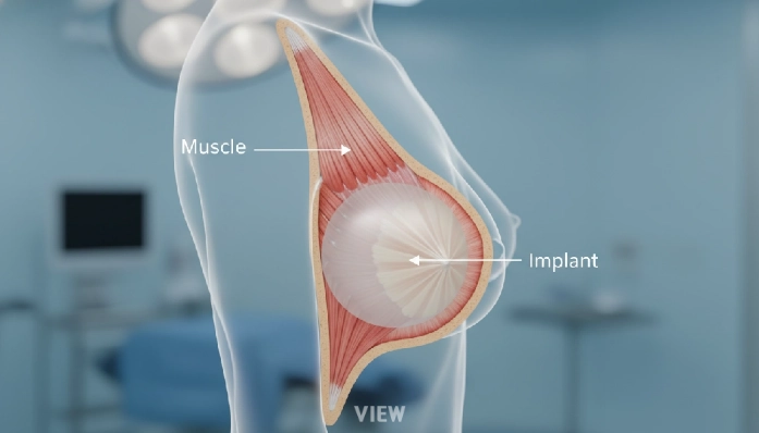 An anatomical illustration showing a submuscular breast implant placed beneath the chest muscle
