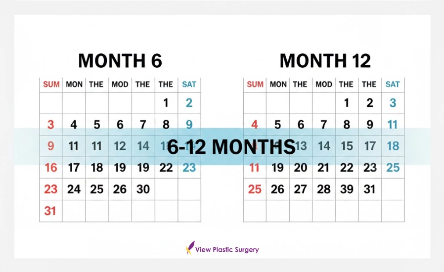 Infographic showing the surgical recovery timeline highlighting the 6 to 12 month period when healing and results typically stabilize.