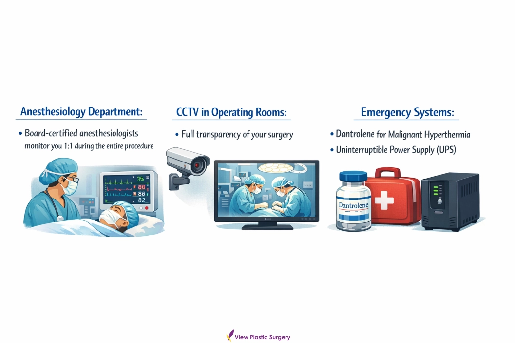 Advanced surgical safety system featuring board-certified anesthesiologists with one-to-one monitoring, CCTV-equipped operating rooms, and emergency systems including dantrolene and uninterruptible power supply