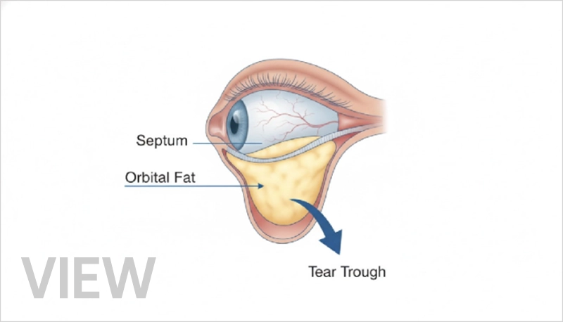 Anatomical diagram of the lower eyelid showing the orbital septum, orbital fat, and tear trough area that contributes to under-eye hollows and dark circles