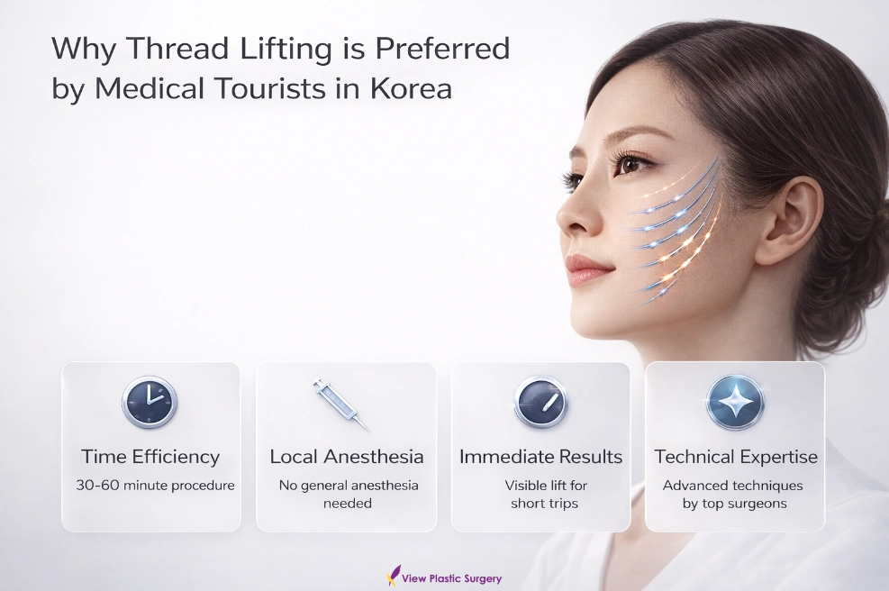 Illustration explaining the benefits of thread lifting in Korea, including time efficiency, local anesthesia, immediate results, and advanced surgical techniques for medical tourists.