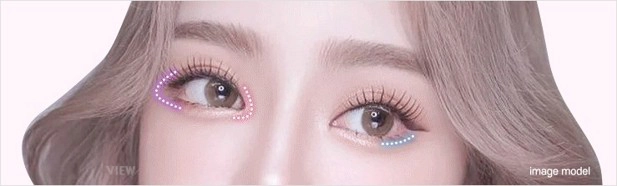 Eye contour and under-eye line aesthetic guide illustrated on a female model, highlighting eye shape balance and lower eyelid area