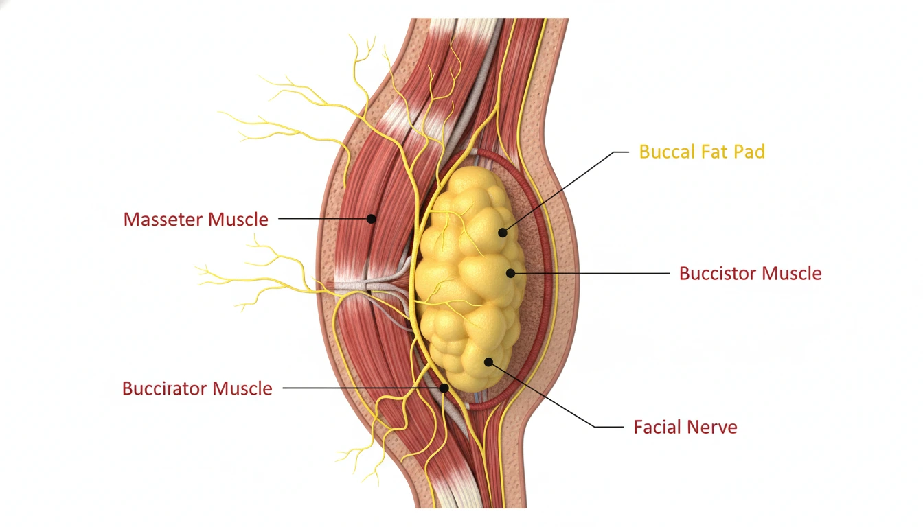 Buccal Fat Removal anatomy illustration showing buccal fat pad between masseter and buccinator muscle with facial nerve structure