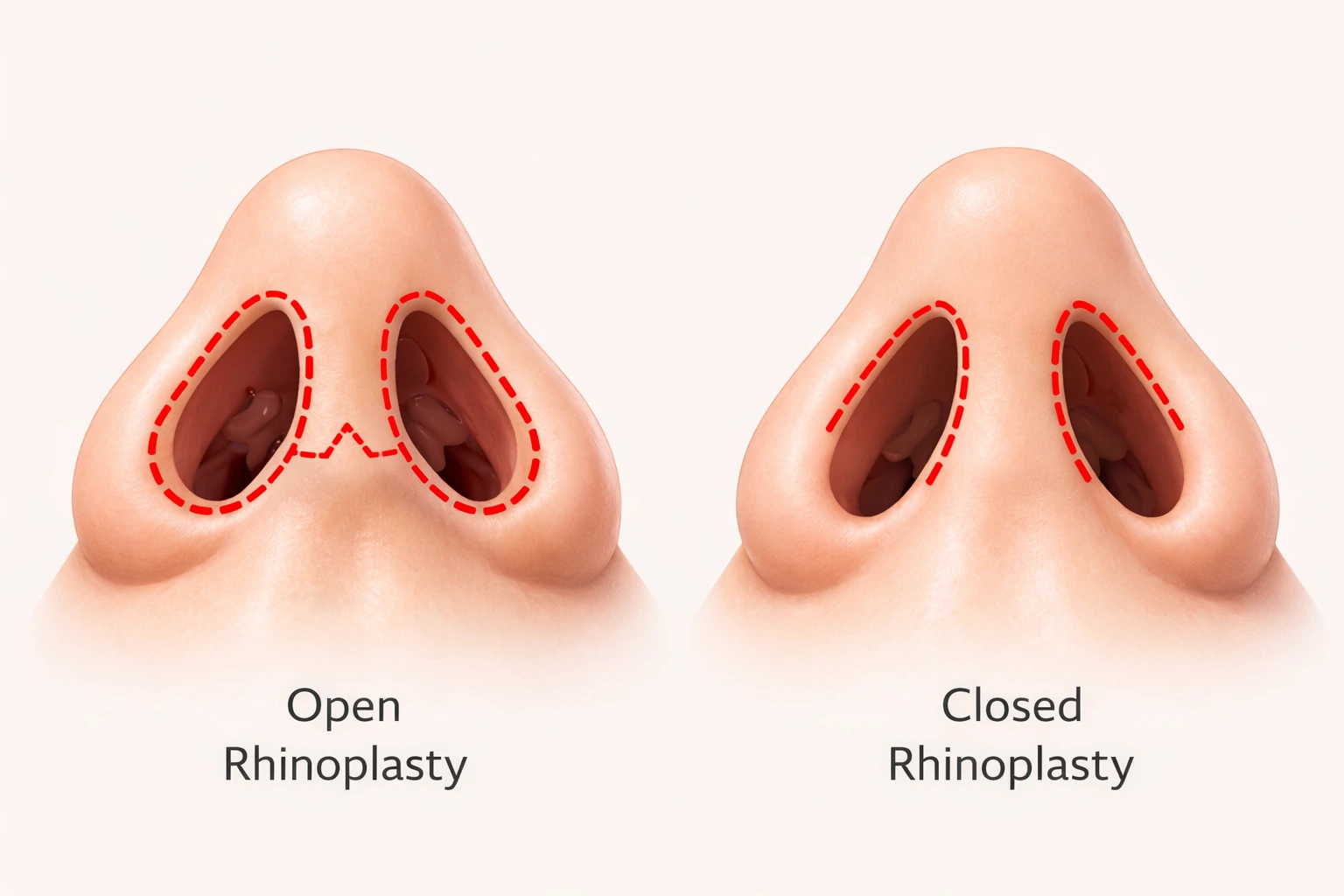 A diagram comparing open vs closed rhinoplasty incision sites, showing the external columellar incision for open surgery and internal incisions for closed surgery in Seoul.