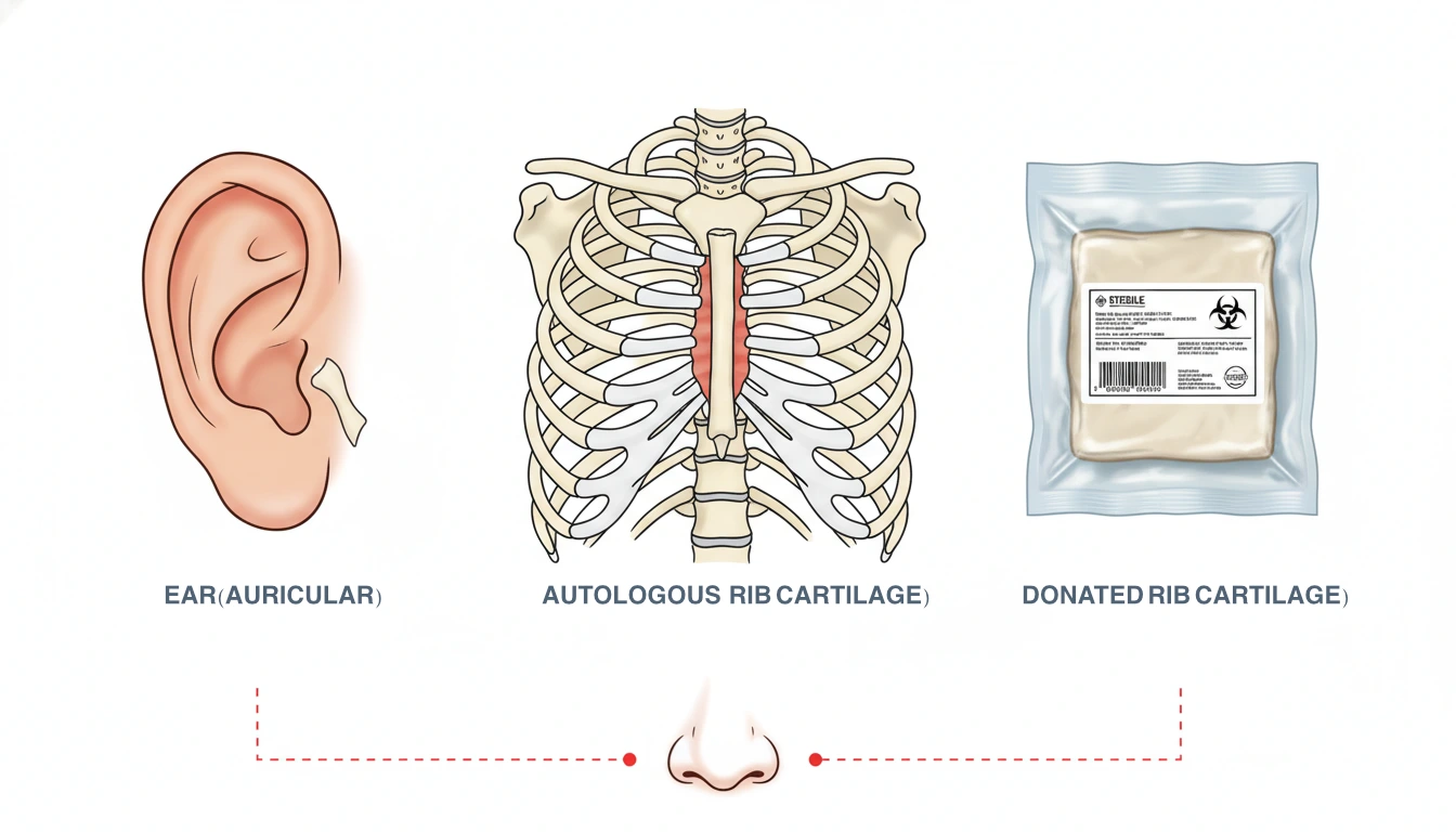 Revision rhinoplasty cost Korea comparison of cartilage options including ear (auricular), autologous rib cartilage, and donated rib cartilage.