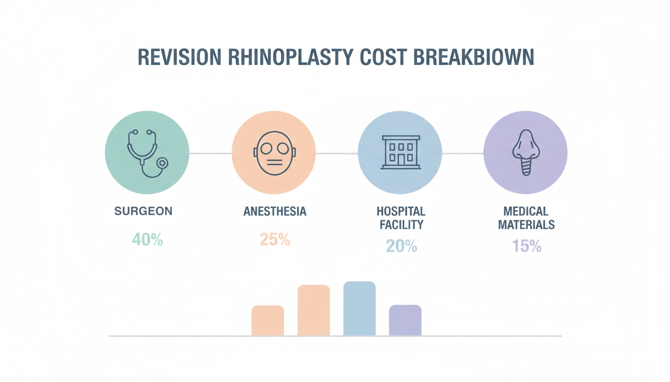 Revision rhinoplasty cost Korea price breakdown showing surgeon fee 40%, anesthesia 25%, hospital facility 20%, and medical materials 15%.