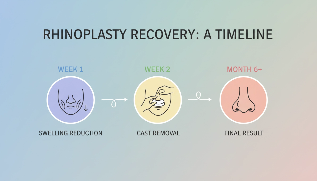 An infographic illustrating the rhinoplasty recovery timeline, including swelling reduction at week 1, cast removal at week 2, and final results after 6 months.