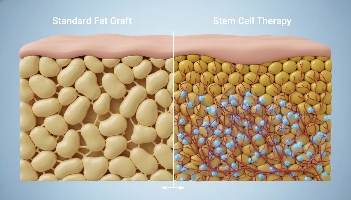 Comparison of standard fat graft and stem cell therapy showing enhanced vascularization and skin regeneration