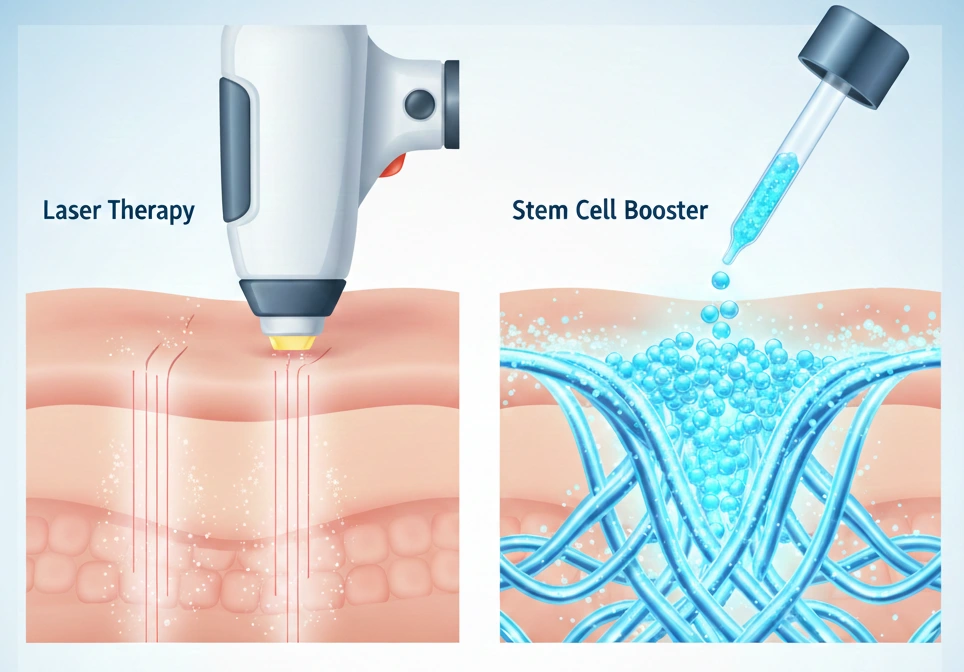 Stem Cell Therapy in Korea combined with laser therapy for enhanced skin regeneration, illustrating collagen stimulation and stem cell booster application for improved skin repair