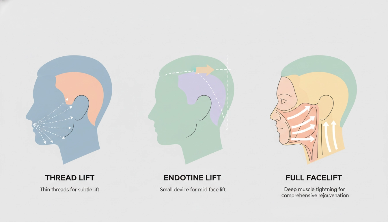 Comparison diagram of Thread Lift, Endotine Lift, and Full Facelift techniques illustrating lift vectors, treatment depth, and surgical differences in facial rejuvenation