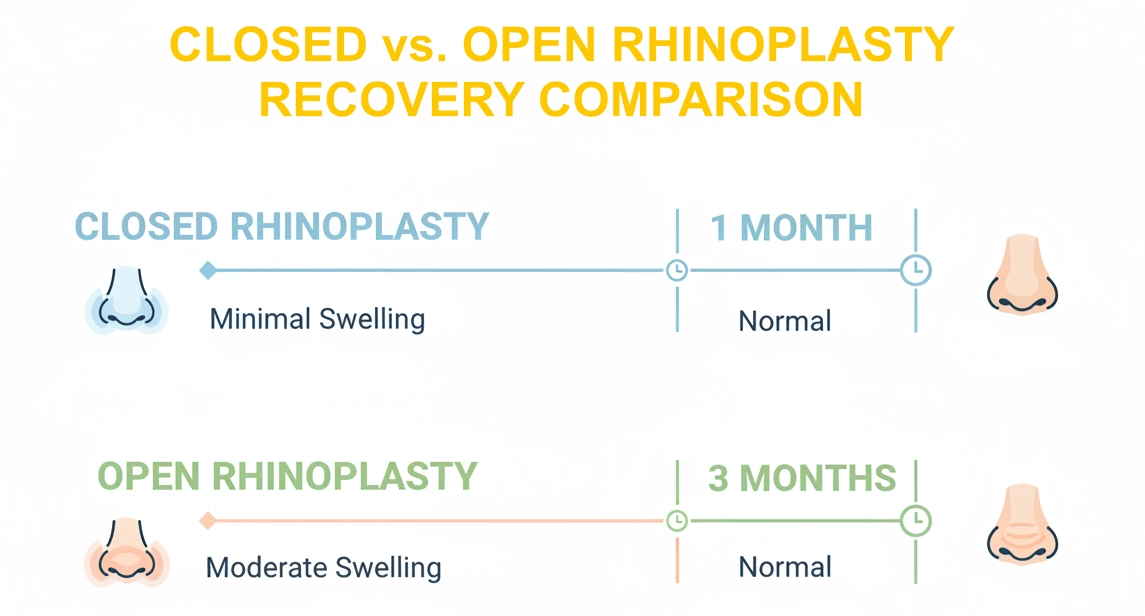 A comparison chart of recovery timelines for closed vs open rhinoplasty in Korea, showing minimal swelling for closed surgery and moderate swelling for open surgery.