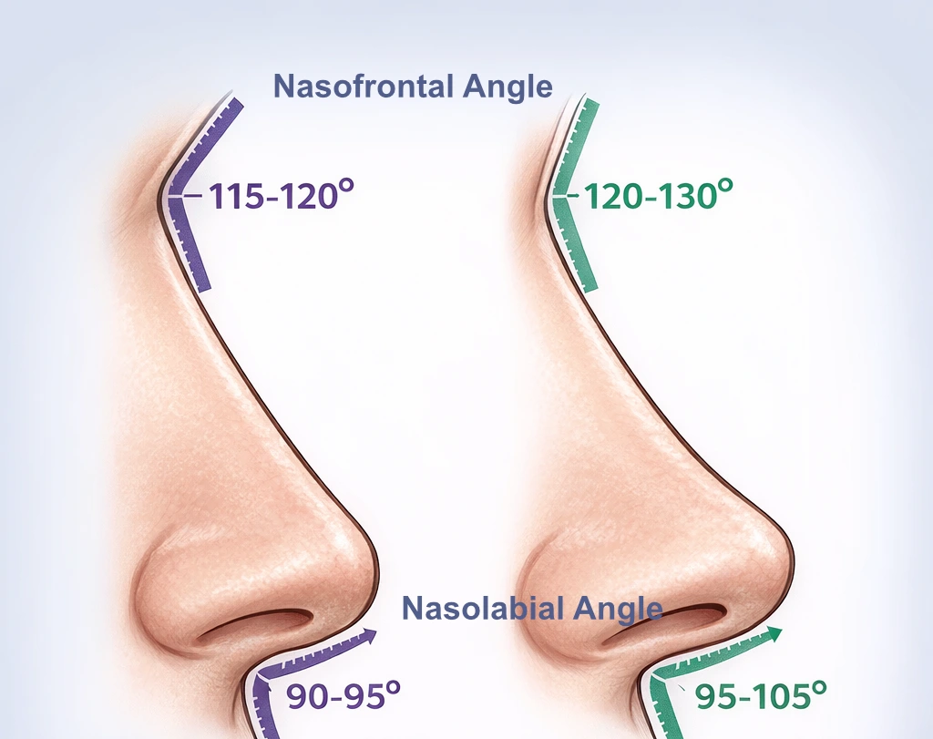 Rhinoplasty Consultation guide showing ideal nasofrontal angle and nasolabial angle for balanced nose shape planning