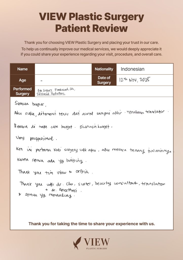 [Indonesia : El***** N.]Why Global Patients Choose VIEW Plastic Surgery & Oribia: Professional Team, Translators, and Anesthesiologist