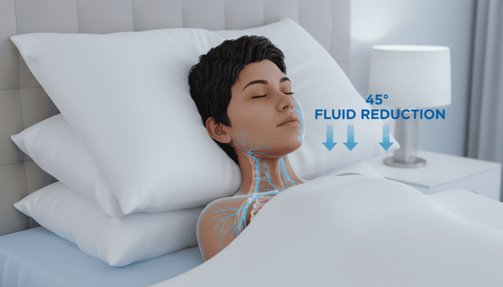 Proper sleep posture diagram using pillows to elevate the head.