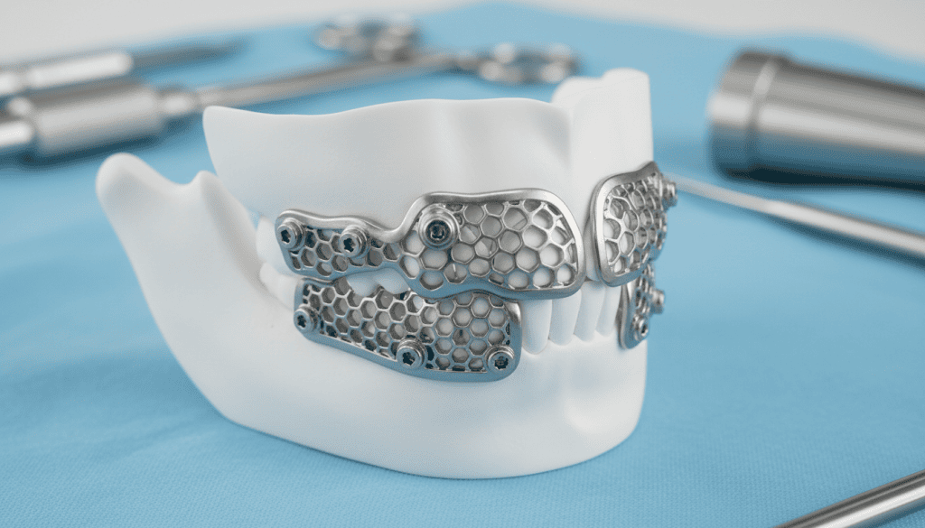 Patient-specific 3D-printed jaw model with custom titanium fixation plates used in 3D planned jaw surgery and digital dentistry jaw correction.