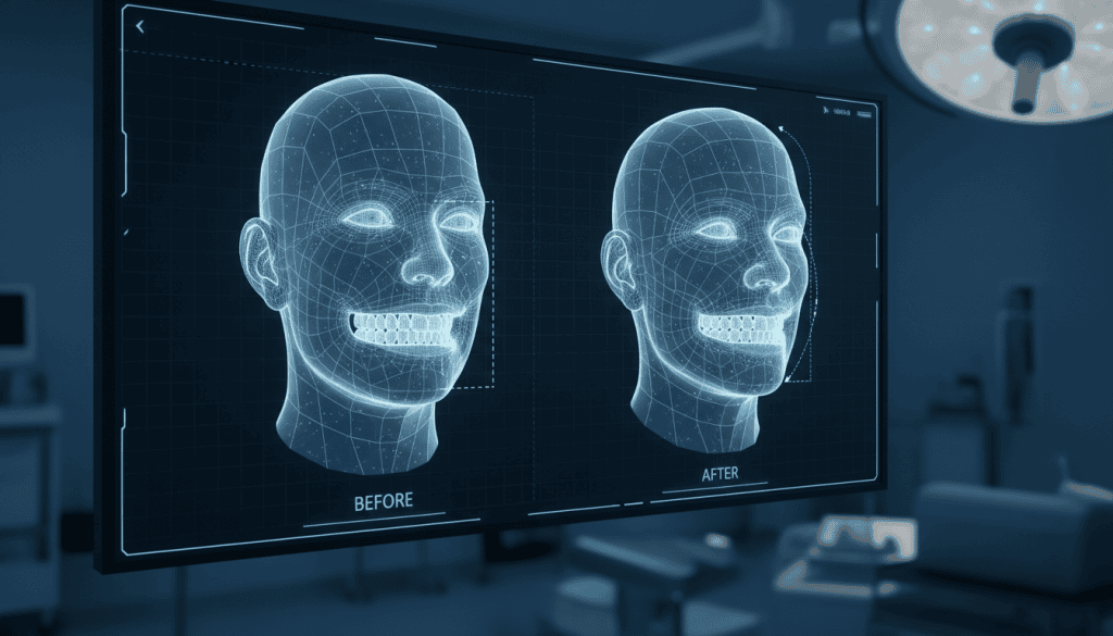 Before-and-after 3D facial simulation showing predicted jaw alignment and profile changes with AI-assisted orthognathic surgery planning.