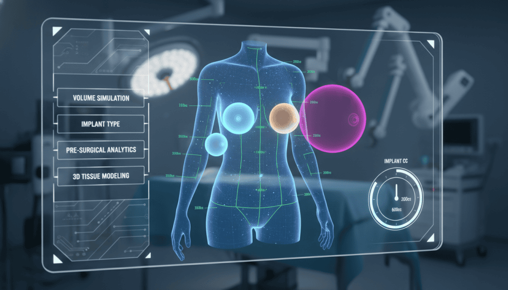 A split-screen showing 3D simulation of breast augmentation results.