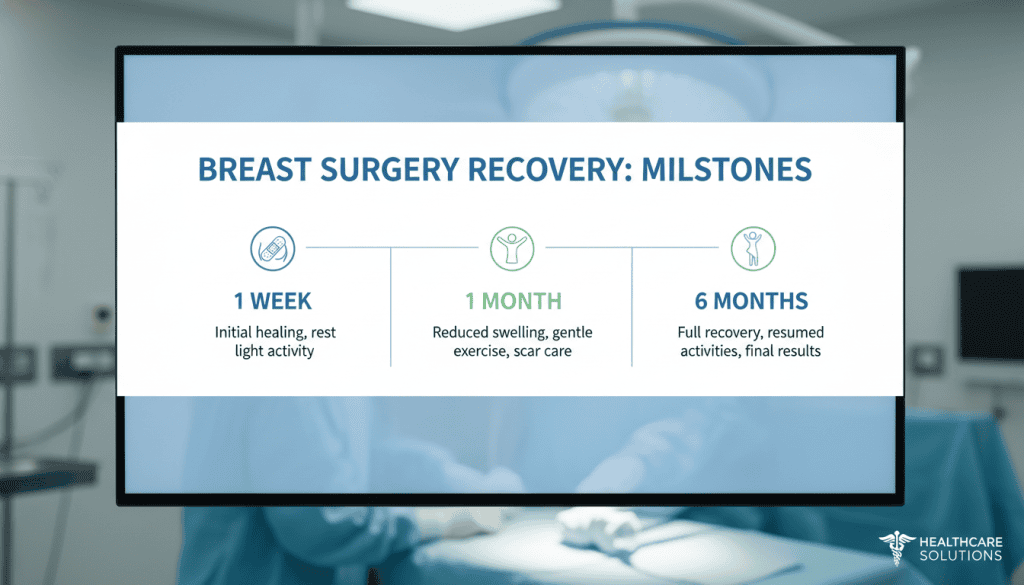 A recovery timeline chart with icons representing different stages (swelling, laser care, activity).