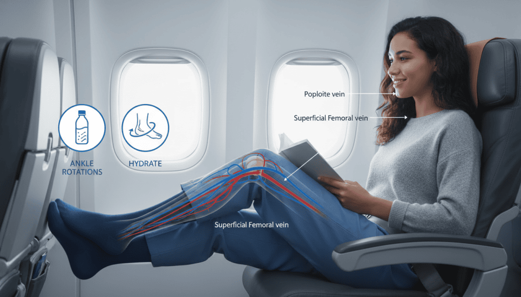 Illustration of safe flying tips post-surgery including compression socks and hydration.
