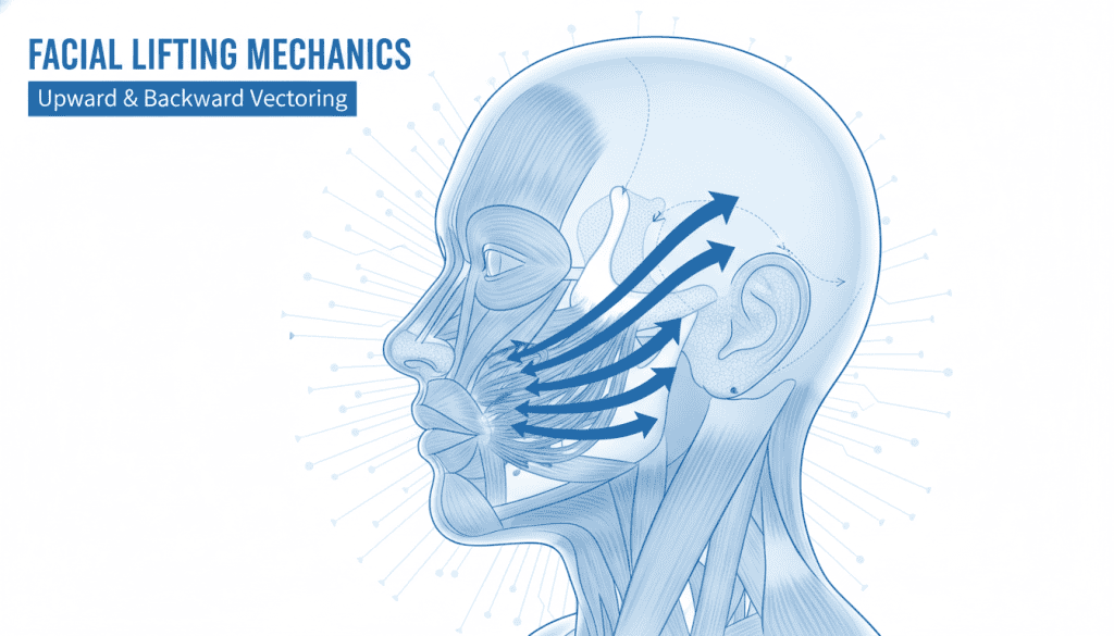 Graphic illustration of the Malar Suspension technique used to prevent skin sagging after reduction.