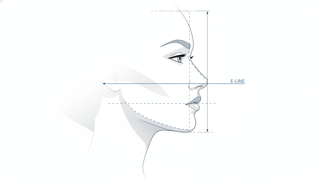 Anatomical diagram of a female profile line showing the Ricketts' E-line concept to balance a receding chin, lips, and nose structure for facial contouring planning in Seoul.