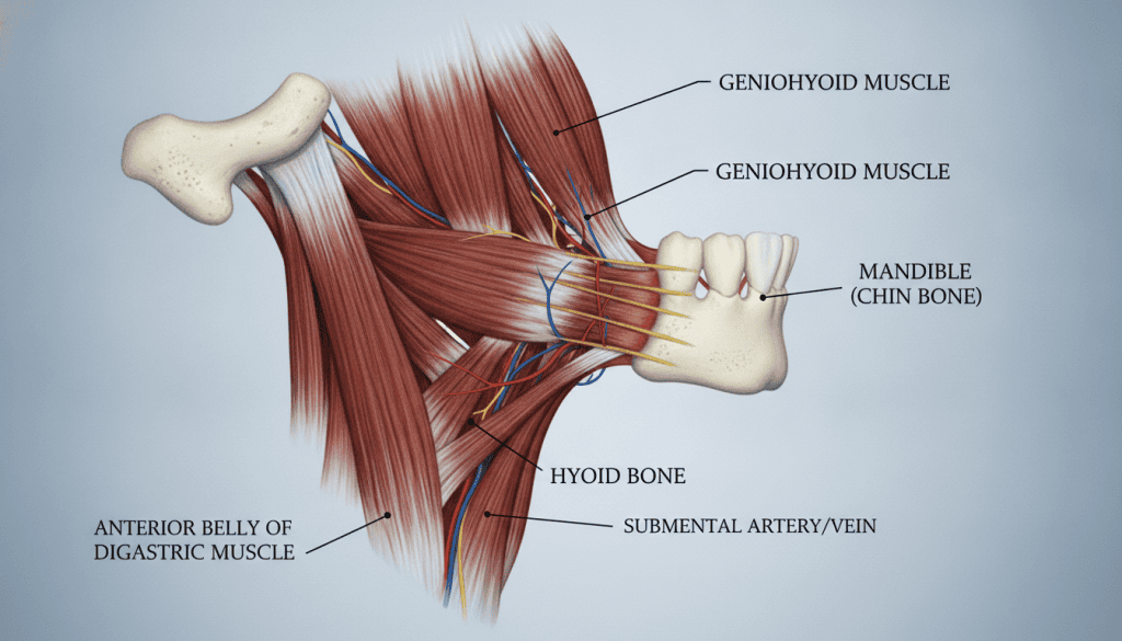 Medical illustration of the submental jaw area showing the mandible chin bone, geniohyoid muscle, and hyoid bone structure explaining the internal lift effect of sliding genioplasty.