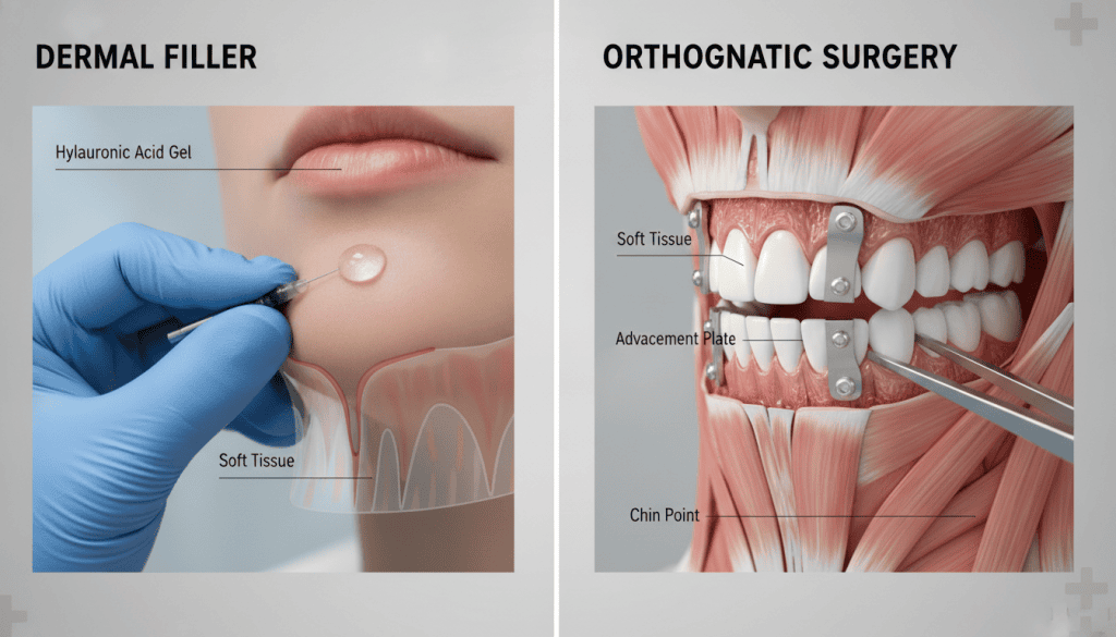 Side-by-side comparison diagram of a chin dermal filler injection using hyaluronic acid gel versus orthognathic sliding genioplasty surgery with an advancement plate for double chin correction.