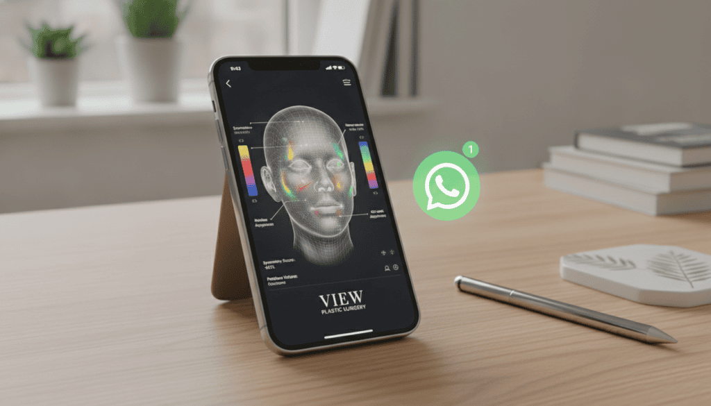 Smartphone displaying a 3D digital twinning bone structure analysis app by View Plastic Surgery in Seoul, with a WhatsApp icon for virtual facial contouring and genioplasty consultations.