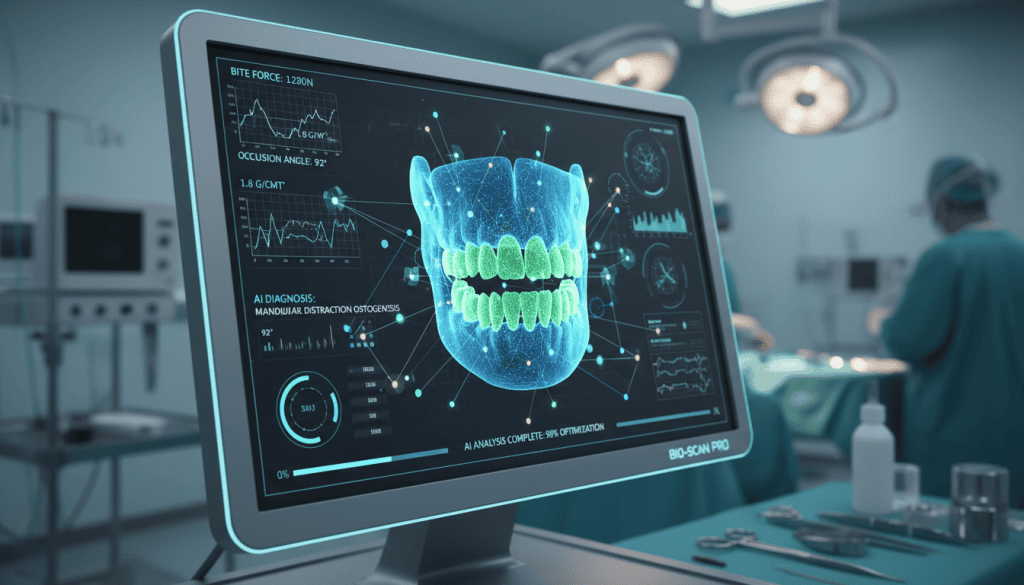 AI-powered orthognathic surgery software analyzing jaw alignment, bite force, and dental occlusion for precise 3D jaw surgery planning.